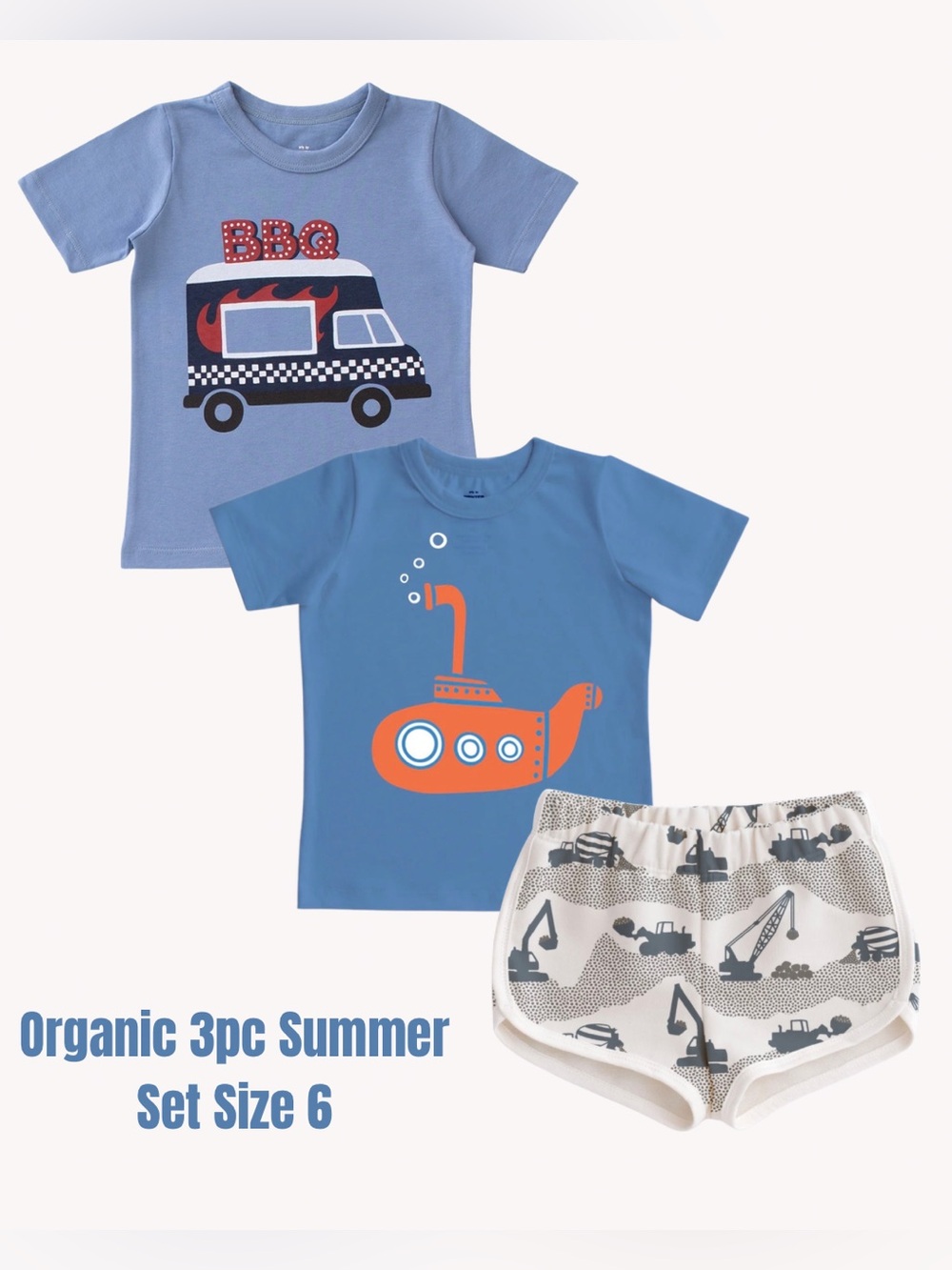 Kids Organic Graphic Short Sleeve Tees (Submarine & BBQ Truck ) and shorts